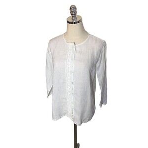 Russ Berens Size Extra Small Top White Long Sleeve Lagenlook Linen Lace Trim XS